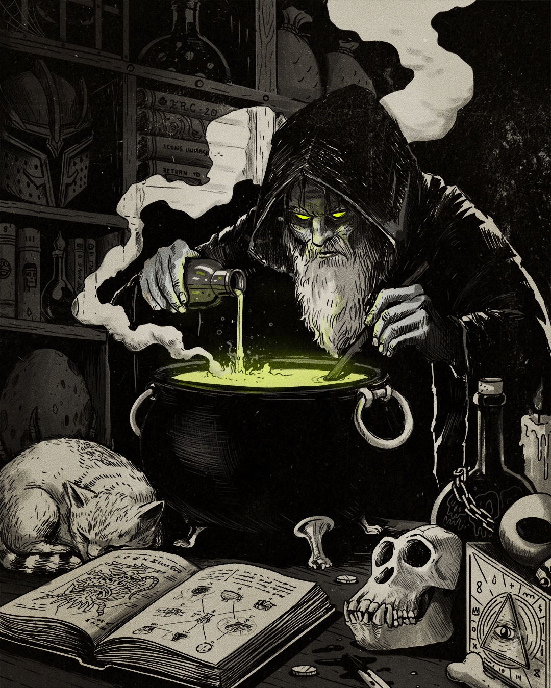 Hand-drawn animation of a hooded alchemist pouring a glowing green vial into a cauldron, surrounded by books, a sleeping cat, an ape skull and a tarot card.